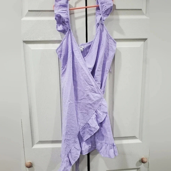 Nwt River Island Seersucker Ruffle shoulder Wrap mini sundress purple 6 ASOS - Picture 4 of 7